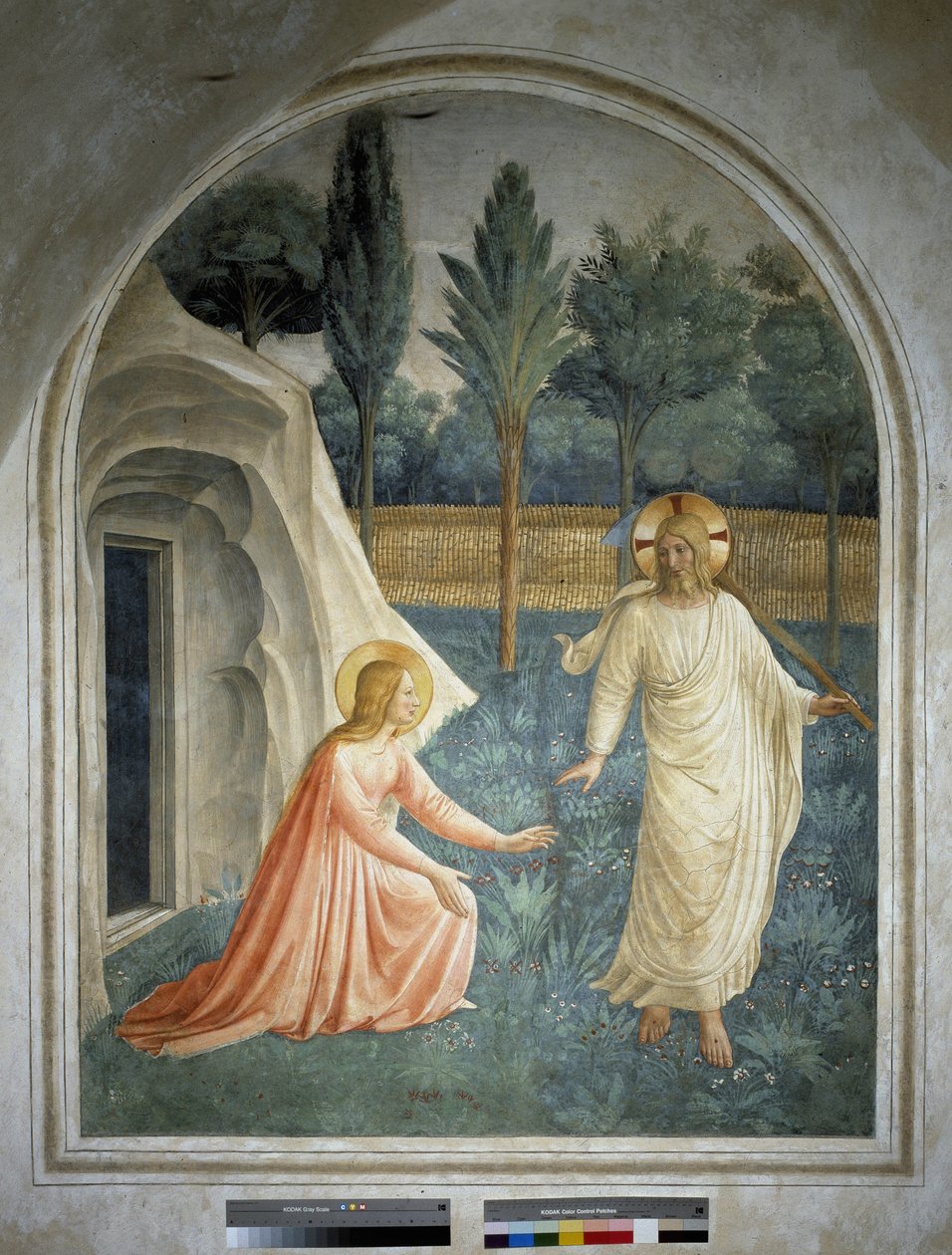 Noli tangere engem. Feltámadt Jézus Krisztus nem hajlandó megérinteni Szent Mária Magdolna. Freskója Guido di Pietro alkotó: Fra Angelico