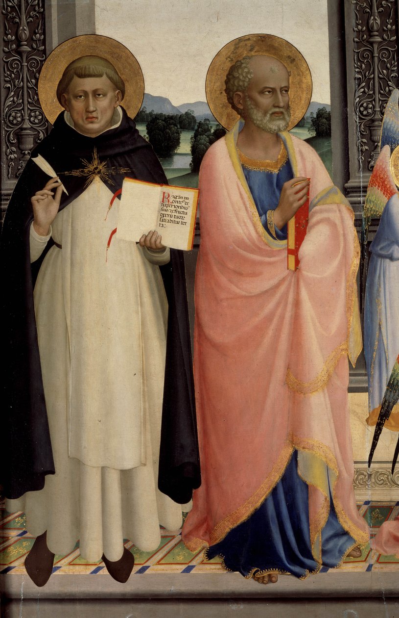Szent Domonkos poliptyx, amely egy madonnát és egy gyermeket a szentekkel ábrázol. alkotó: Fra Angelico