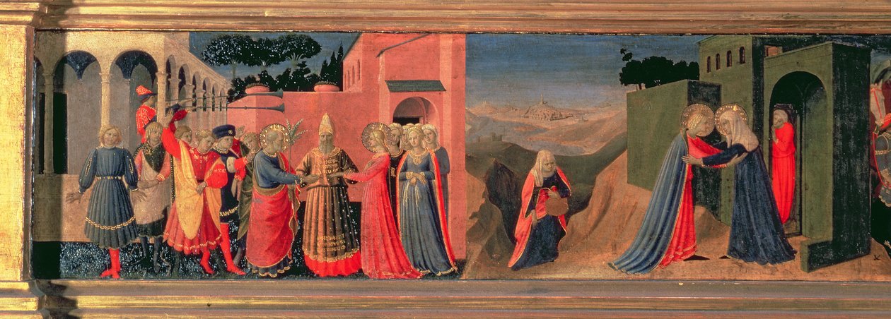 Predella Panel az Angyali üdvözlethez, amely a Szűzanya házasságát és a látogatást mutatja be alkotó: Fra Angelico