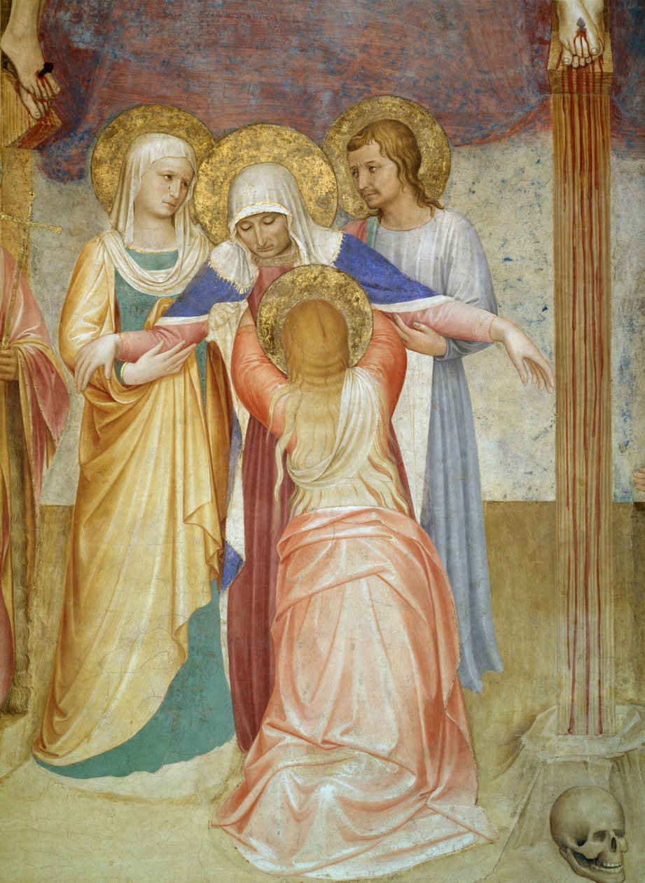 A keresztre feszítés, a Szűzanya és a kísérők részlete a Káptalanházból, 1441-42 freskó alkotó: Fra Angelico