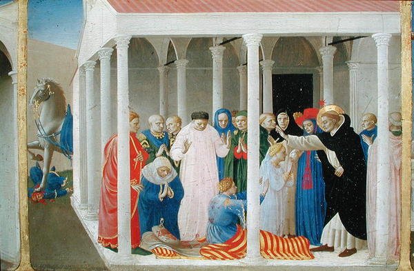 Orsini Napóleon feltámadása Szent Domonkos által, a Szűz Mária megkoronázásának predella táblájáról, 1430-32 körül (tempera, tábla). alkotó: Fra Angelico