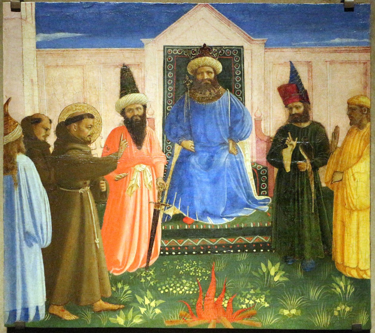 A tűzpróbán Szent Ferenc felajánlja, hogy tűzön keresztül megy, hogy megtérítse az egyiptomi szultánt (Legenda maior, IX, 8). alkotó: Fra Angelico