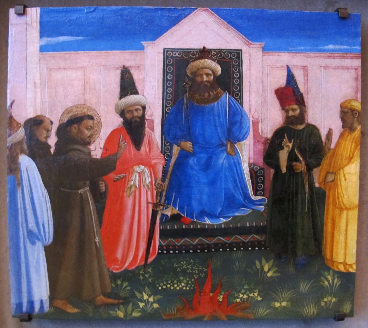 A tűzpróbán Szent Ferenc felajánlja, hogy tűzön keresztül megy, hogy megtérítse az egyiptomi szultánt (Legenda maior, IX, 8). alkotó: Fra Angelico