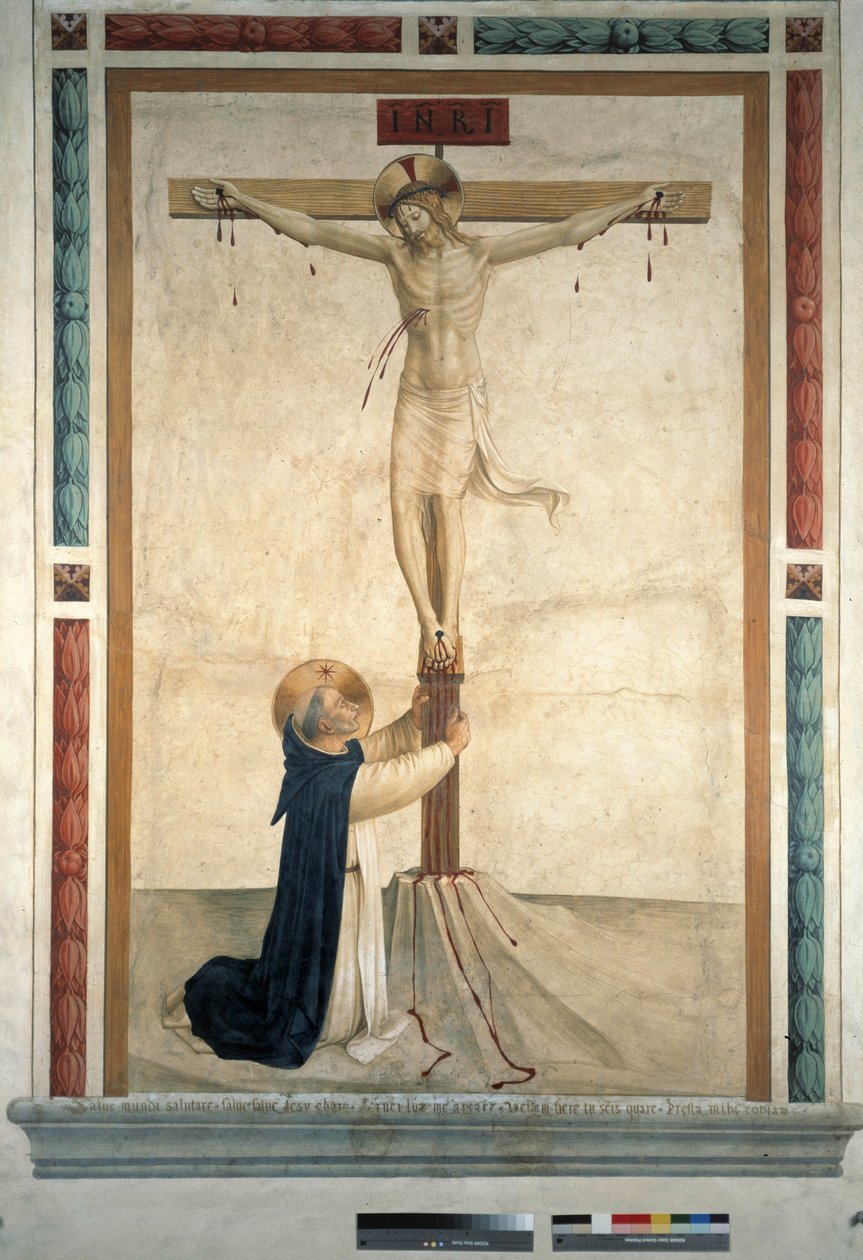 A keresztre feszítés Szent Domonkossal. „INRI” felirat a kereszten, 1442 alkotó: Fra Angelico