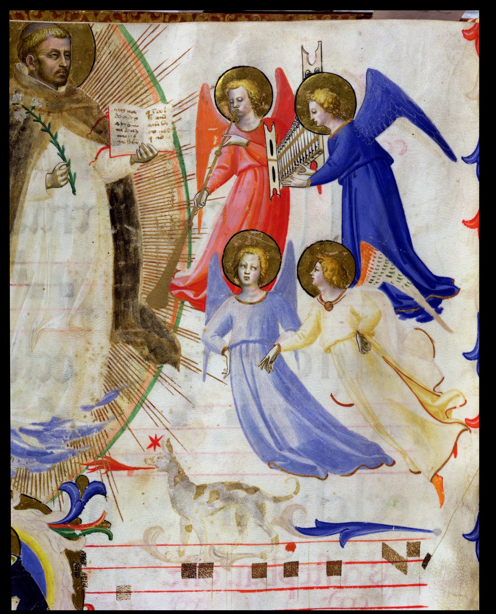 ds 558 f.67v St. Dominic négy zeneangyallal, San Marco e Cenacoli vellum részlete a 88937 és 79797-ből alkotó: Fra Angelico