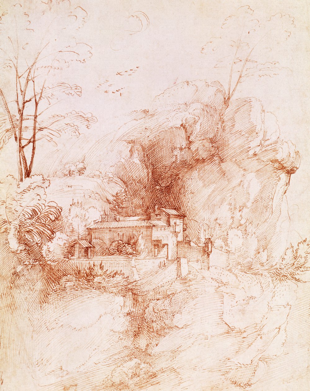 Sziklás táj kolostorral, Fra Bartolomeo (1472-1517) rajza. alkotó: Fra Bartolomeo