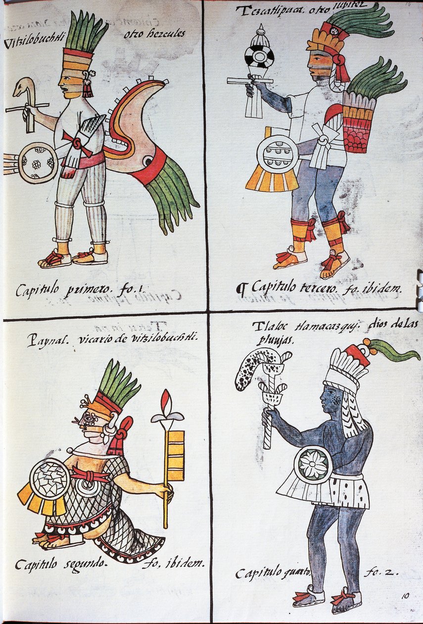 Az ókori mexikóiak istenei, Huitzilopochtli, Tezcatlipoca, Tlaloc és Paynal, spanyol nyelvű szöveg, Bernardino de Sahagun Új-Spanyolország dolgainak általános története, más néven firenzei kódex kéziratának fakszimiléjéből alkotó: Fra Bernadino da Sahagun