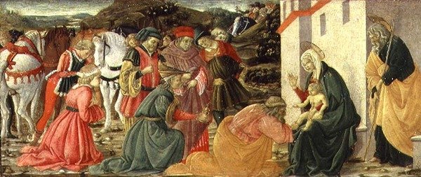 A mágusok imádása, egy predella panel (tempera a panelen) alkotó: Fra Diamante