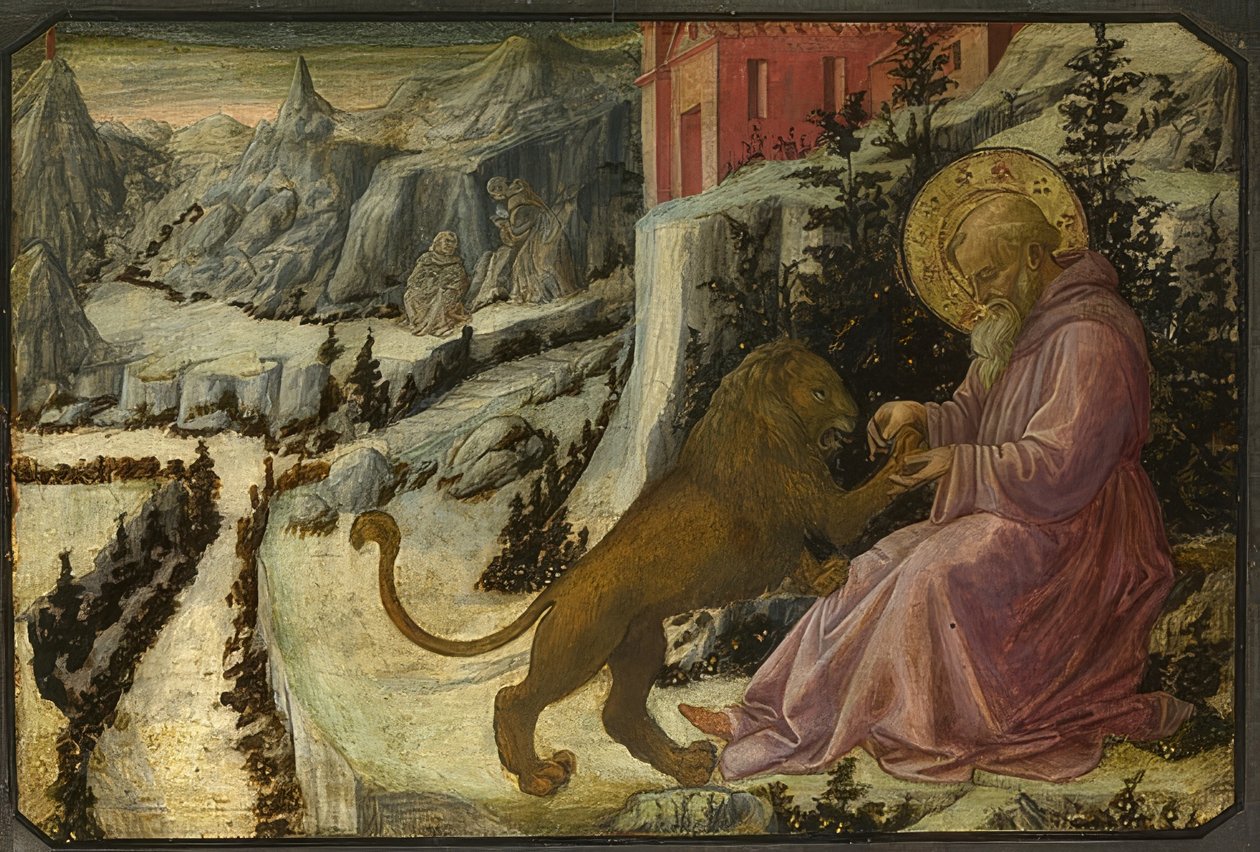 Szent Jeromos és az oroszlán (Pistoia Santa Trinità oltárképének predella). 1455-60 alkotó: Fra Filippo Lippi