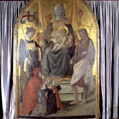 Madonna és gyermeke SS -sel trónolt. István, Keresztelő János, Francesco Datini (kb. 1335-1410) és a Ceppo család alkotó: Fra Filippo Lippi
