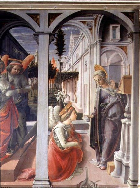 Az Annunciáció, Gábriel angyal és a Szűzanya részlete alkotó: Fra Filippo Lippi