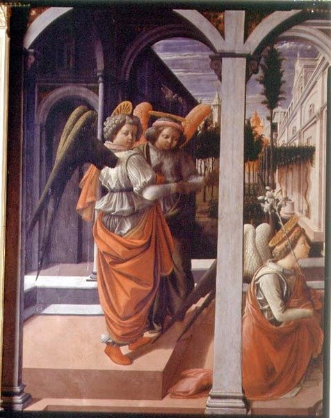 Az Angyali üdvözlet, a két angyal részlete alkotó: Fra Filippo Lippi