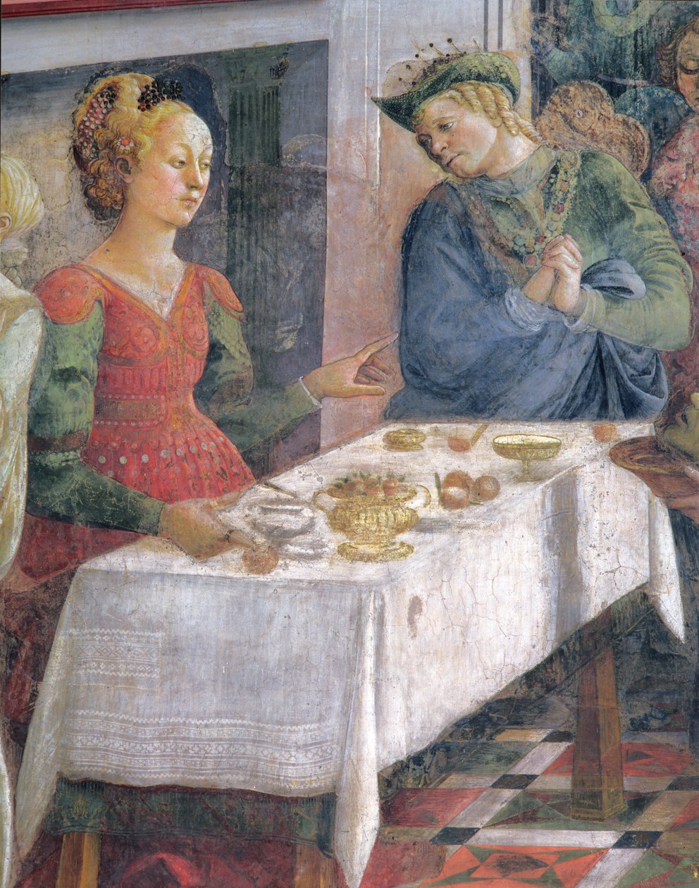 Heródes ünnepe; Herodiust ábrázoló részlet, az SS élete című freskóciklusból. István és Keresztelő János a Capella dell"Assuntából alkotó: Fra Filippo Lippi