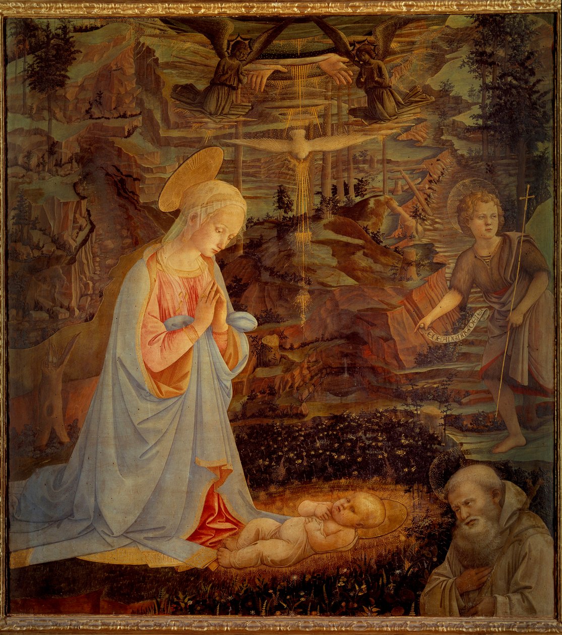 A Szűz, a Gyermek Jézus, Keresztelő Szent János Gyermek és Clairvaux-i Szent Bernát (San Bernardo di Chiaravalle) (1090 - 1153) Utóbbi a Ciszterek Rendjének alapítója és a Templomosok Rendjének első patrónusa. Detrempe a w alkotó: Fra Filippo Lippi
