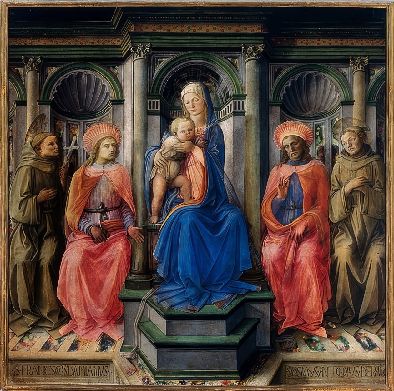Mária trónolt a gyermekkel és a szentekkel Assisi Ferenccel, Damianussal, Kosmasszal és Páduai Antoniusszal. 1442 alkotó: Fra Filippo Lippi