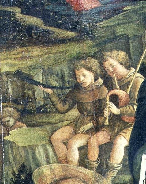 Két zenélő pásztor, részlet a Születésből, 1470 alkotó: Fra Filippo Lippi