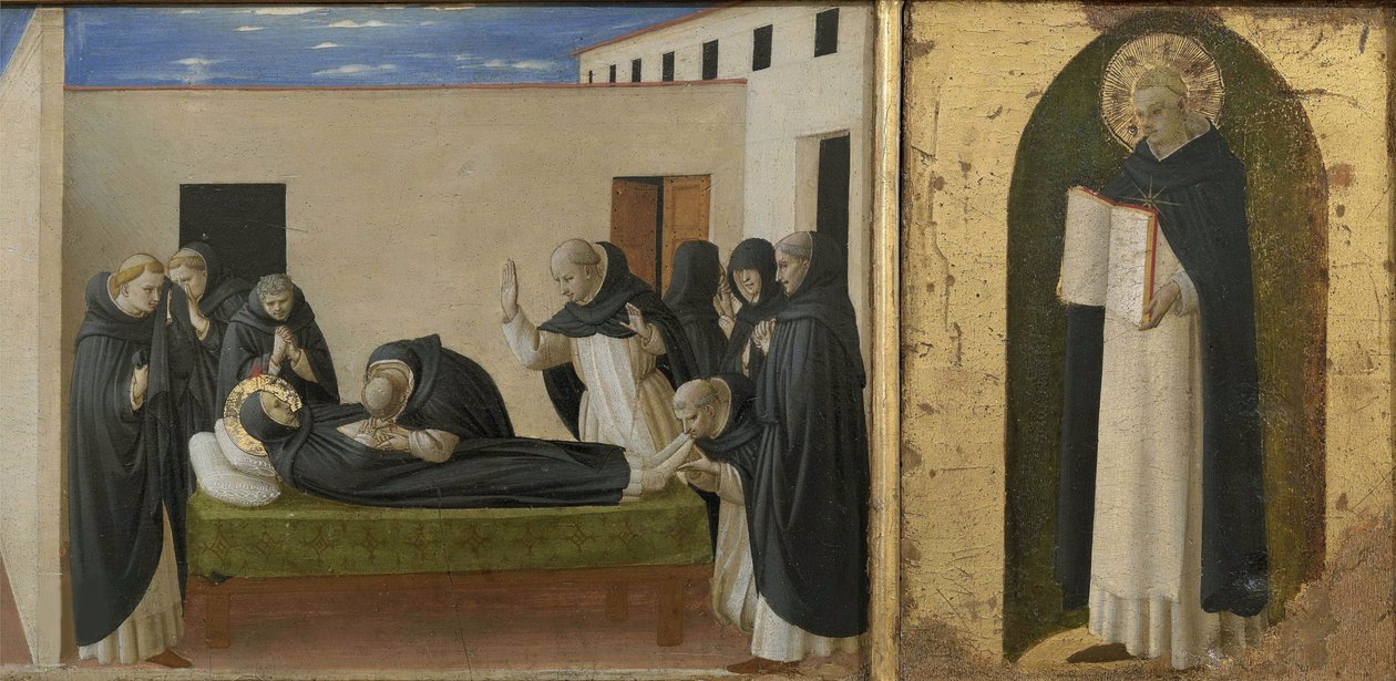 Szent Domonkos és Aquinói Szent Tamás halála. Cortona poliptichon részlet a predelláról, c1437. alkotó: Fra Giovanni Angelico da Fiesole