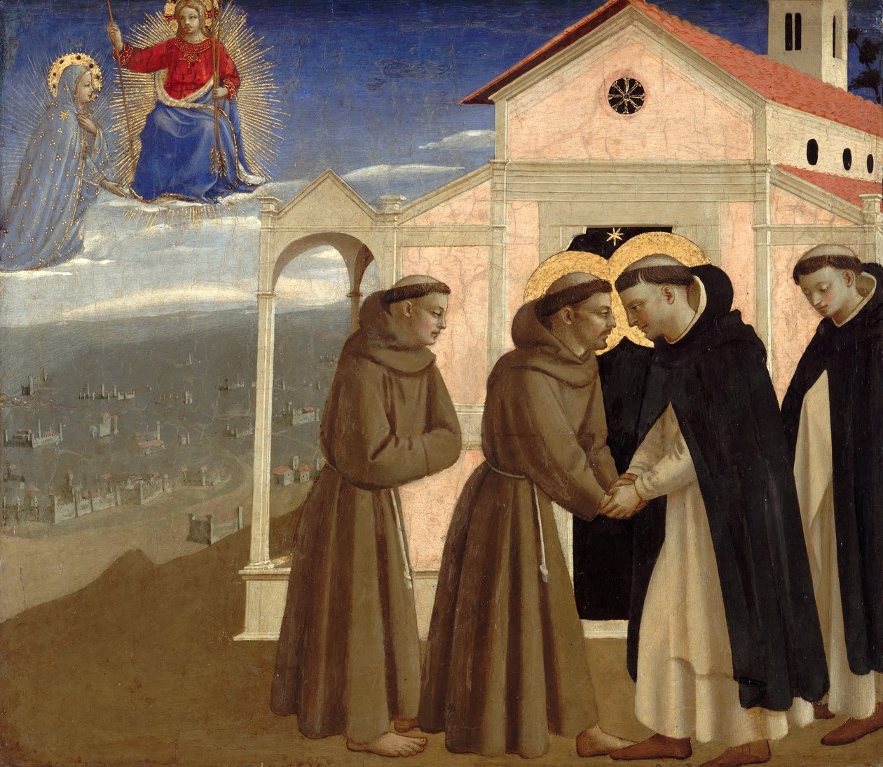 Szent Ferenc és Szent Domonkos találkozása Jelenetek Assisi Szent Ferenc életéből, kb 142 alkotó: Fra Giovanni Angelico da Fiesole