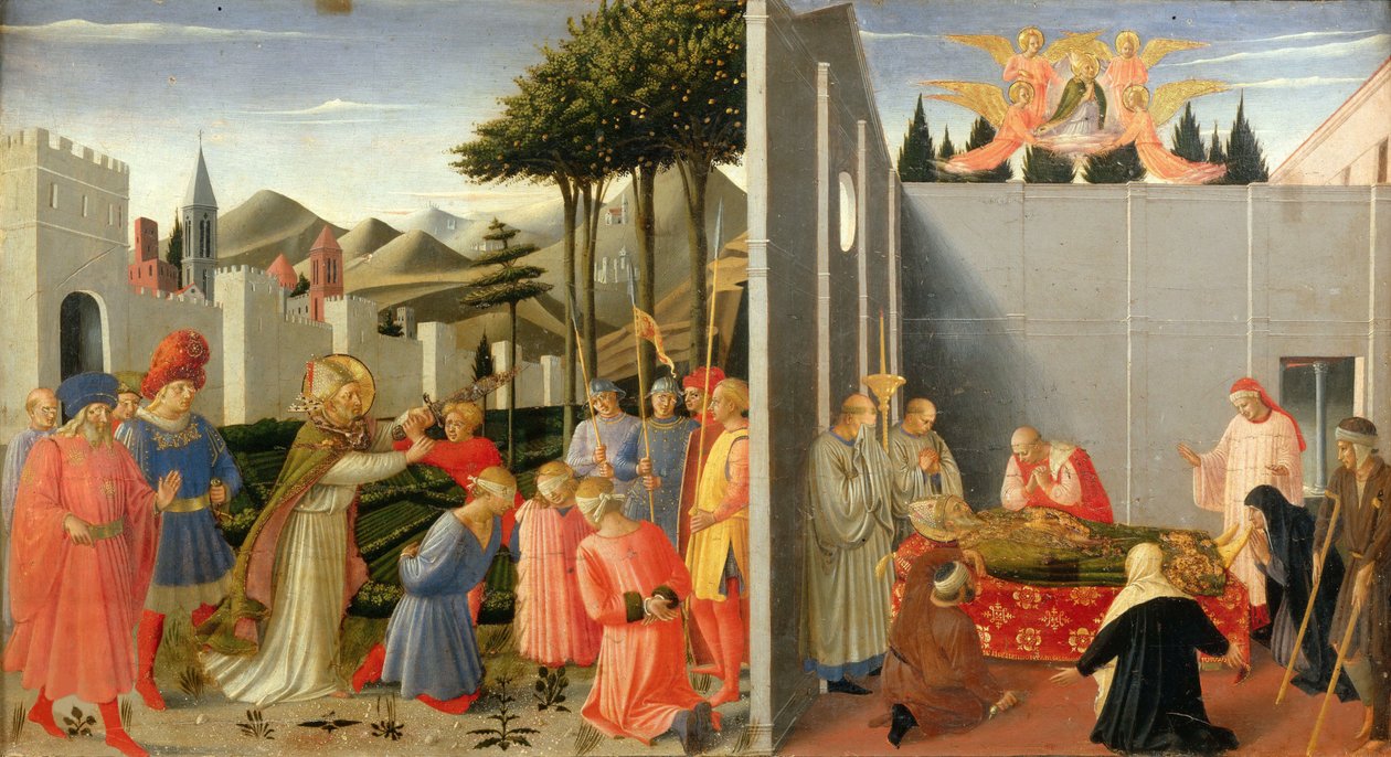Szent Miklós kiszabadít egy halálra ítélt ártatlan embert a perugiai oltárképről, 1437 körül. alkotó: Fra Giovanni Angelico da Fiesole