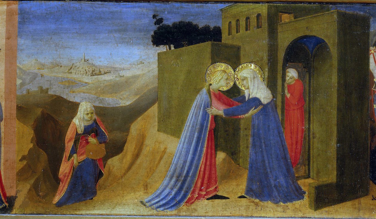 A Látogatás. Az oltárkép Predella Az Angyali üdvözlet, c. 1433-1434. alkotó: Fra Giovanni Angelico da Fiesole