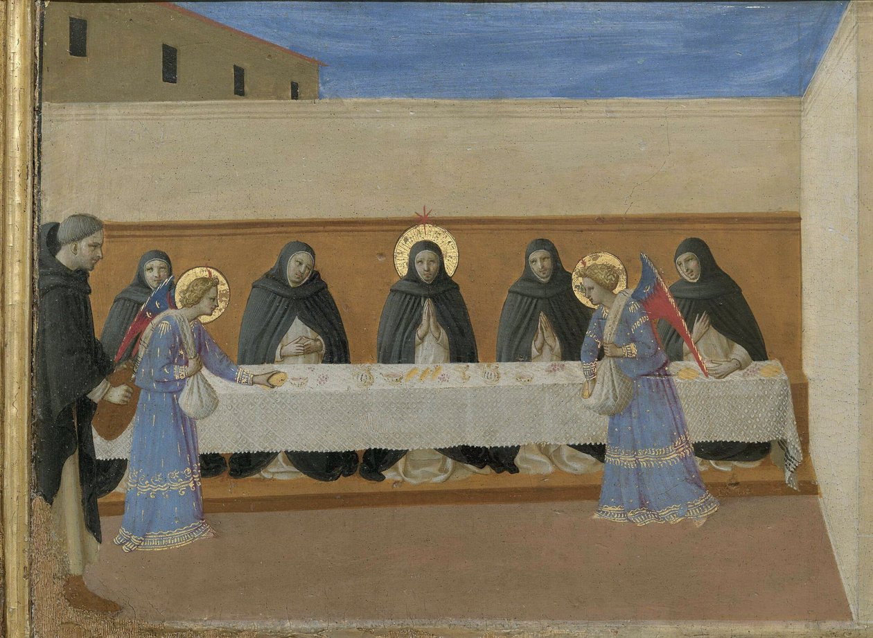 Az angyalok vacsorát szolgálnak fel a testvéreknek. Cortona poliptichon részlet a predelláról, 1437 körül. alkotó: Fra Giovanni Angelico da Fiesole