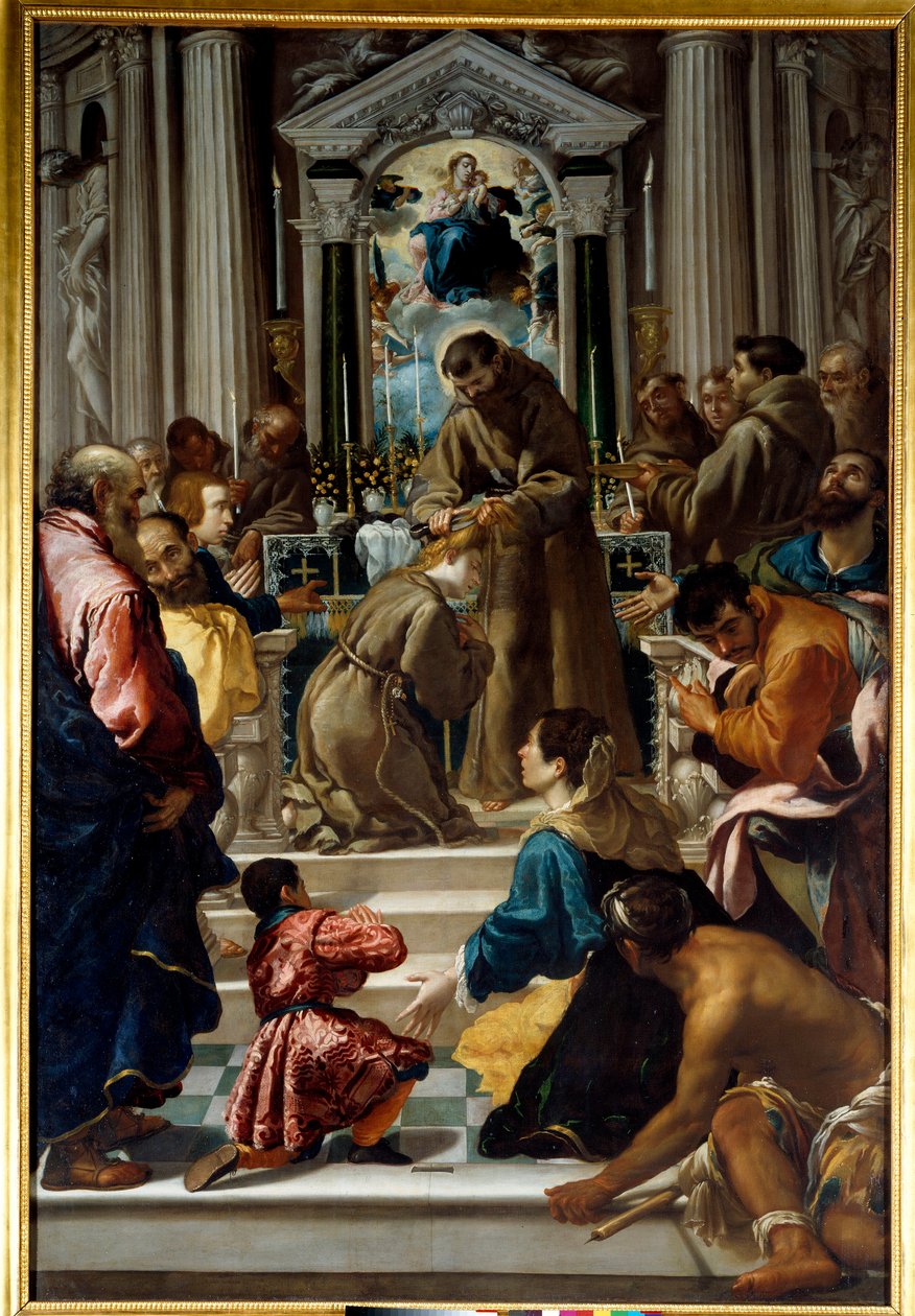 Assisi Szent Ferenc (1181-1223) Saint Claire (1193-1253) haját vágja. Semplice De Verona festménye (1589-1654) Ec. Ital. alkotó: Fra Semplice da Verona