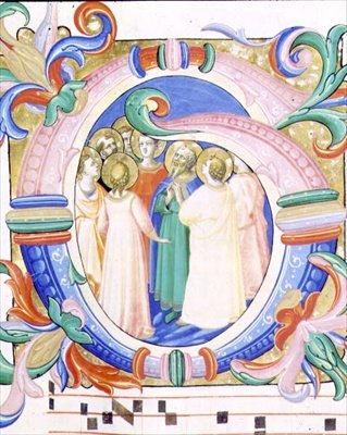 558. misekönyv f.41v A pünkösdöt ábrázoló történeti „G” kezdőbetű alkotó: Fra and Strozzi Zanobi di Benedetto Angelico