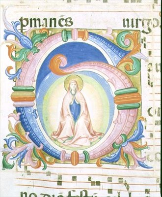 Mise 558 f.92 Történeti „G” kezdőbetű, amely az imádkozó Szűzet ábrázolja alkotó: Fra and Strozzi Zanobi di Benedetto Angelico