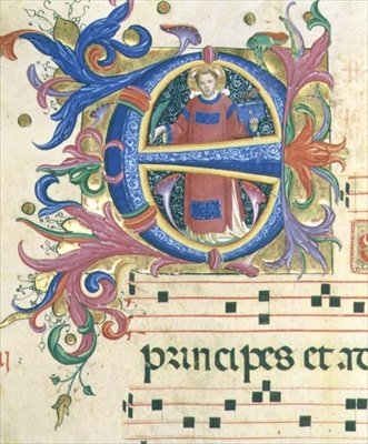 558. misekönyv f.156v Szent Istvánt ábrázoló történeti „E” kezdőbetű alkotó: Fra and Strozzi Zanobi di Benedetto Angelico