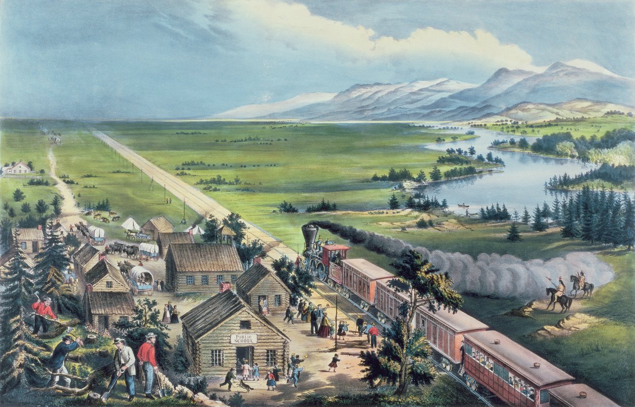 Az egész kontinensen: "Nyugat felé, a Birodalom iránya úgy megy", pub. Currier és Ives, New York, 1868 alkotó: Frances Flora Bond Palmer