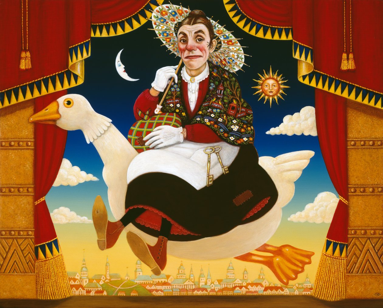 Dan Leno (1860-1904) mint Mother Goose, 1996 (olaj és tempera a panelen) alkotó: Frances Broomfield