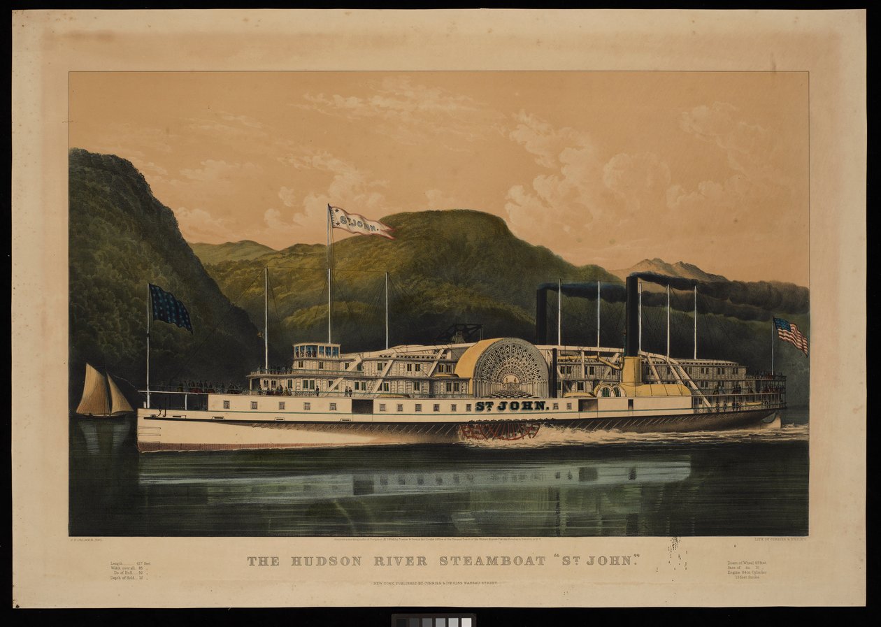 The Hudson River Steamboat St John (litográfia, színes) alkotó: Frances Flora Bond (c.1812 76) (after) Palmer