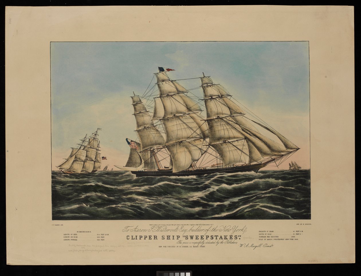 Aaron J Westervelt Esq. építője a New York clipper hajó Sweepstakes ez a nyomtatás tisztelettel dedikált a kiadók..., litográfia, színes (litográfia, színes) alkotó: Frances Flora Bond (c.1812 76) (after) Palmer
