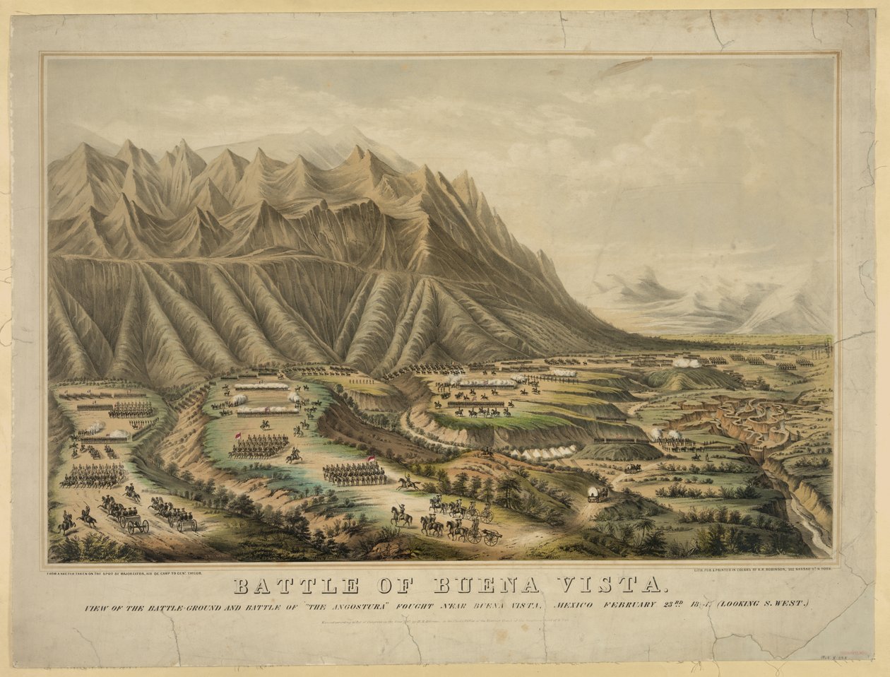 Előkészületek a Buena Vista-i csatára, más néven angosturai csatára, Zachary Taylor tábornok és Antonio Lopez de Santa Anna tábornok csapatai között, február 23. alkotó: Frances Flora Bond (c.1812 76) Palmer