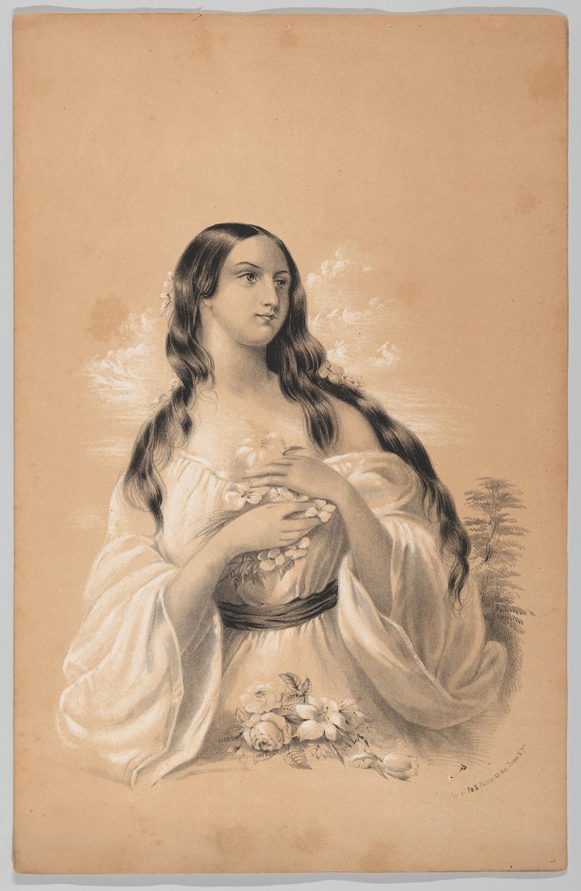 Virágot tartó nő, a New York-i rajzkönyvben, amely eredeti tervsorozatot tartalmaz..., 1847. alkotó: Frances Flora Bond Palmer