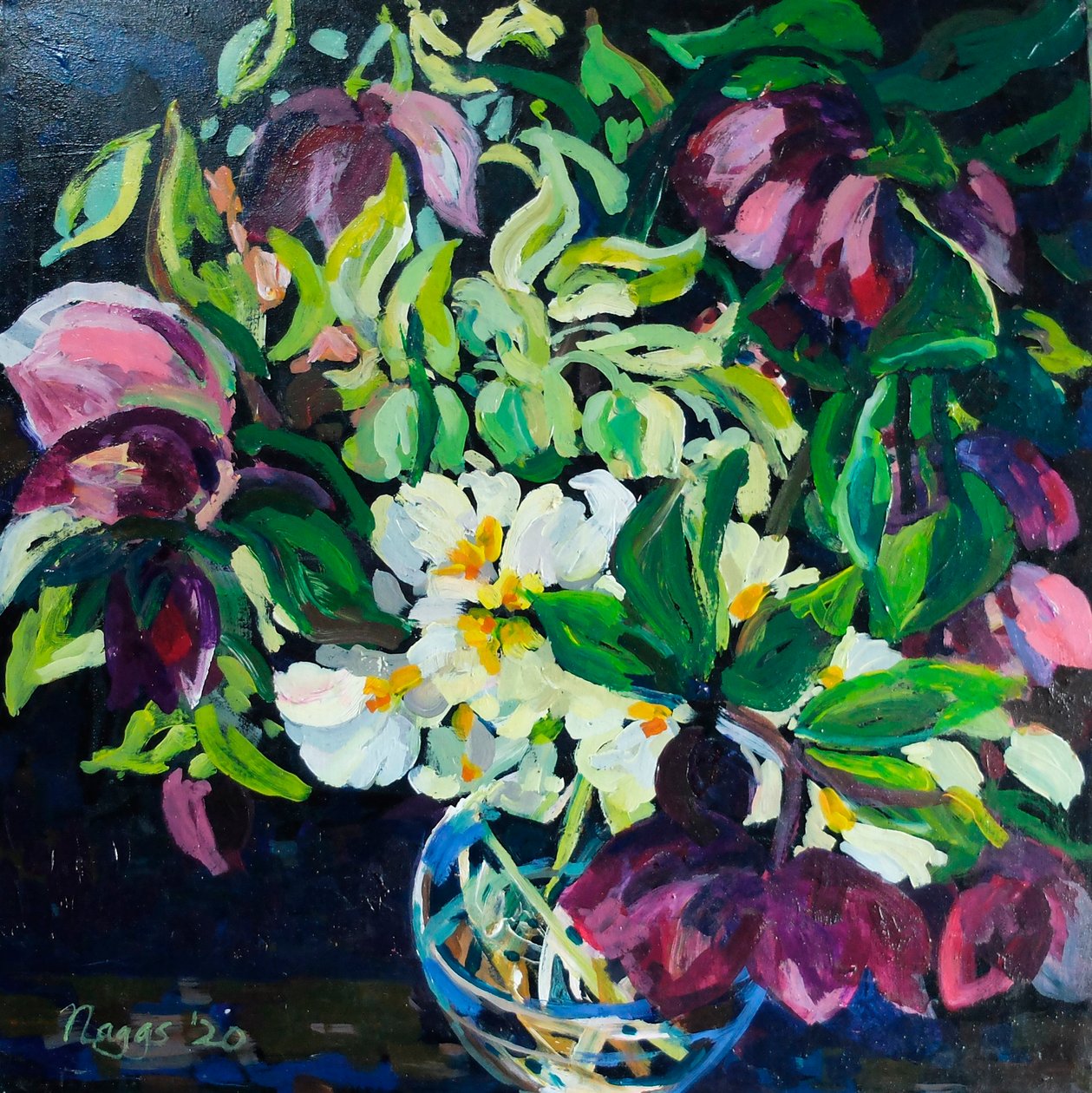 Helibore and Primroses on a Dark Ground, 2020 (akril, vászon) alkotó: Frances Naggs