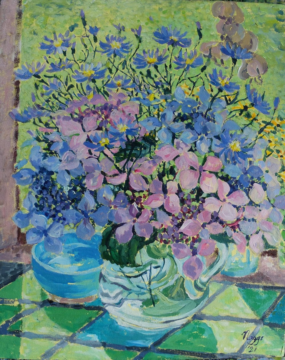 Hortenzia és Michaelmas Daisies, 2021 (akril, vászon) alkotó: Frances Naggs