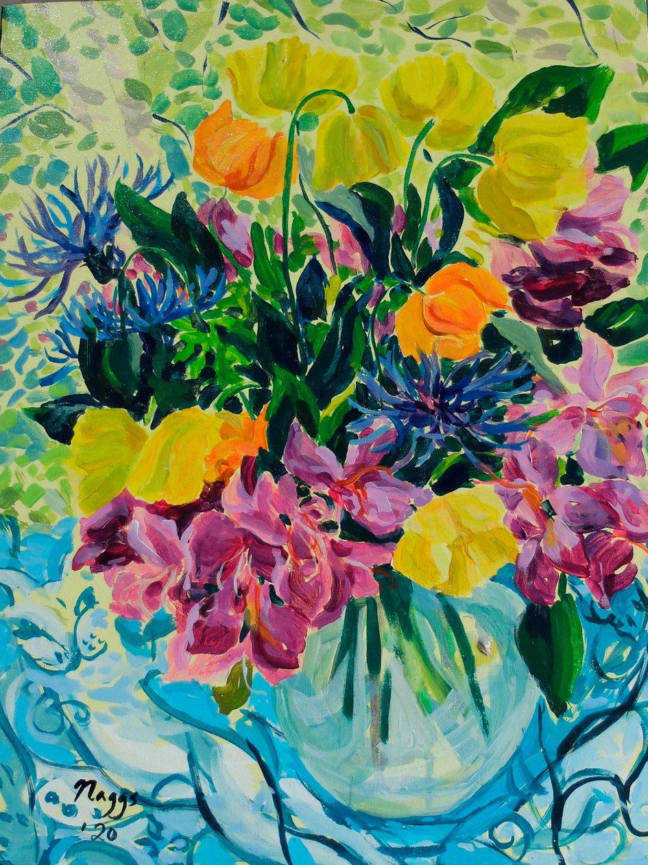 Tavaszi csokor (rododendron és walesi mák), 2020 (akril, vászon) alkotó: Frances Naggs