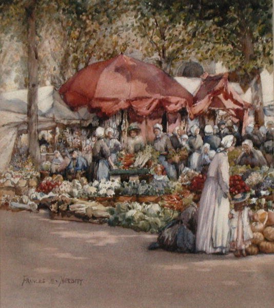Piac napja, Észak-Franciaország 1910 körül (akvarell papíron) alkotó: Frances Nesbitt