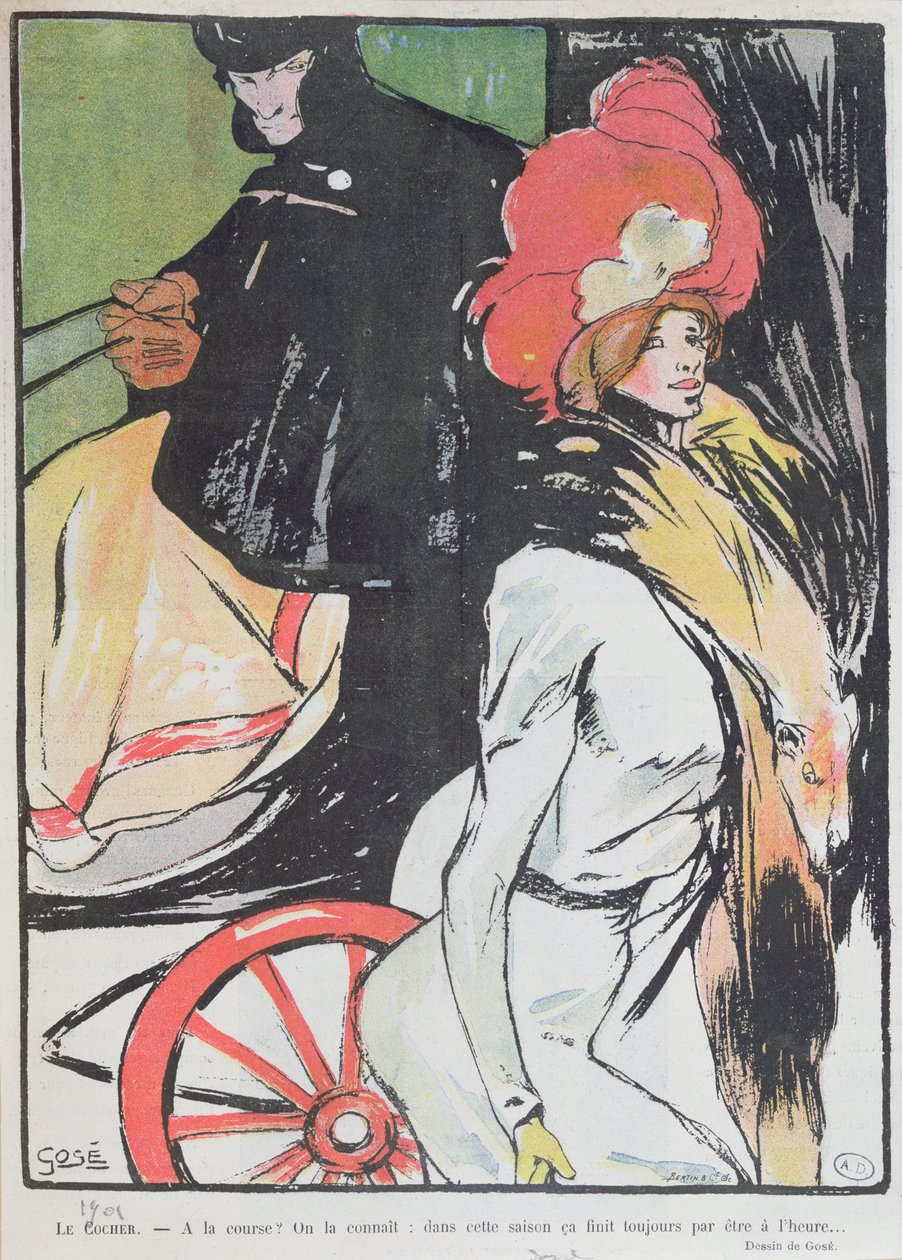 Karikatúra, amely egy taxist ábrázol udvarhölggyel, 1901 alkotó: Francesc Xavier Gosé