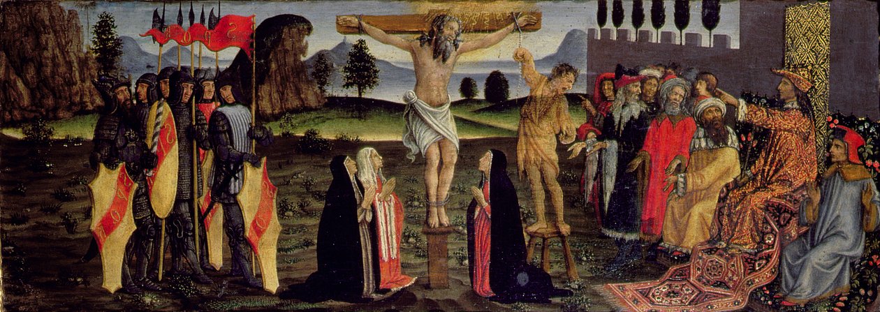 A keresztre feszítés, predella panel a Szentségi Sátorból, 1484-6 körül (tempera a panelen) (részlet a 94757-ből) alkotó: Francesco Botticini