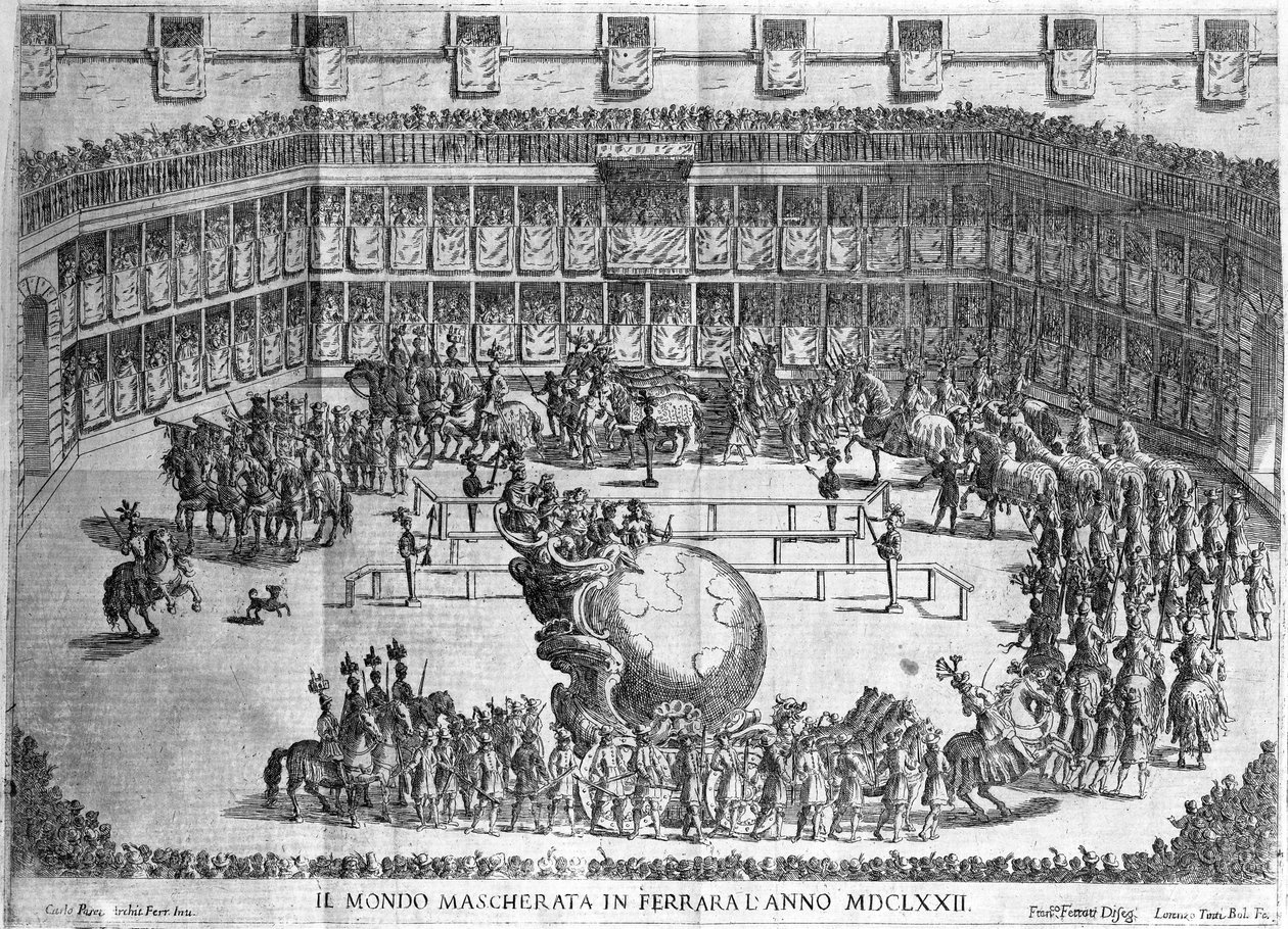A glóbusz körmenete, Ferrara, metszet: Lorenzo Tinti, 1672 alkotó: Francesco Ferrari