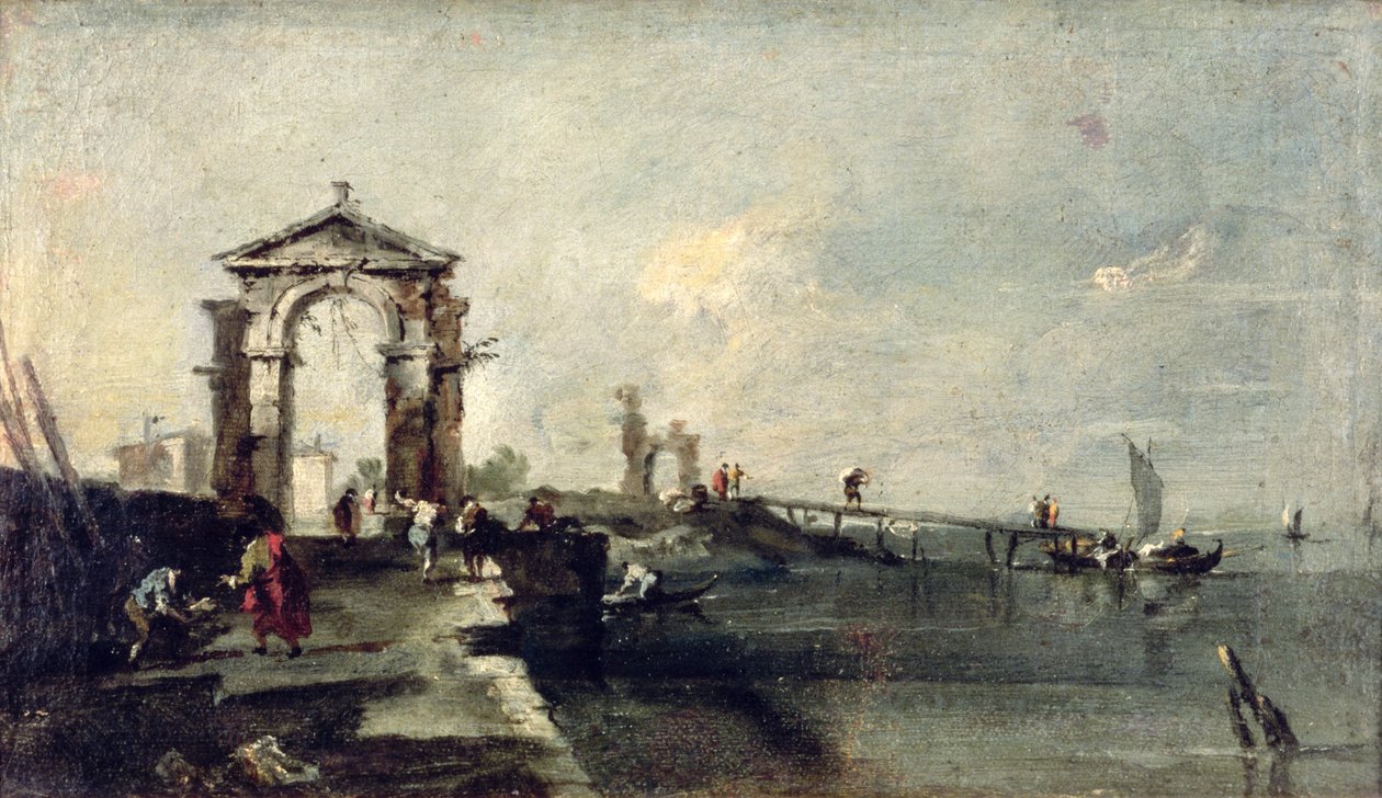 Capriccio boltívvel és kikötőszínpaddal, 1750 körül alkotó: Francesco Guardi