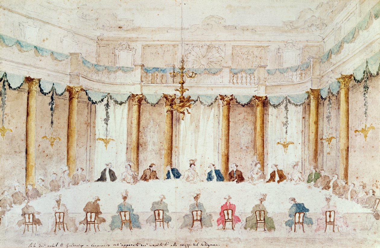 Ünnepi vacsora Armand (1771-1847) házasságának megünneplésére Polignac hercege Idalia neukircheni bárónővel a Villa Gradenigo-ban, Carpenedo, 1790 (wc grafit fölött, tollal és tintával papíron alkotó: Francesco Guardi