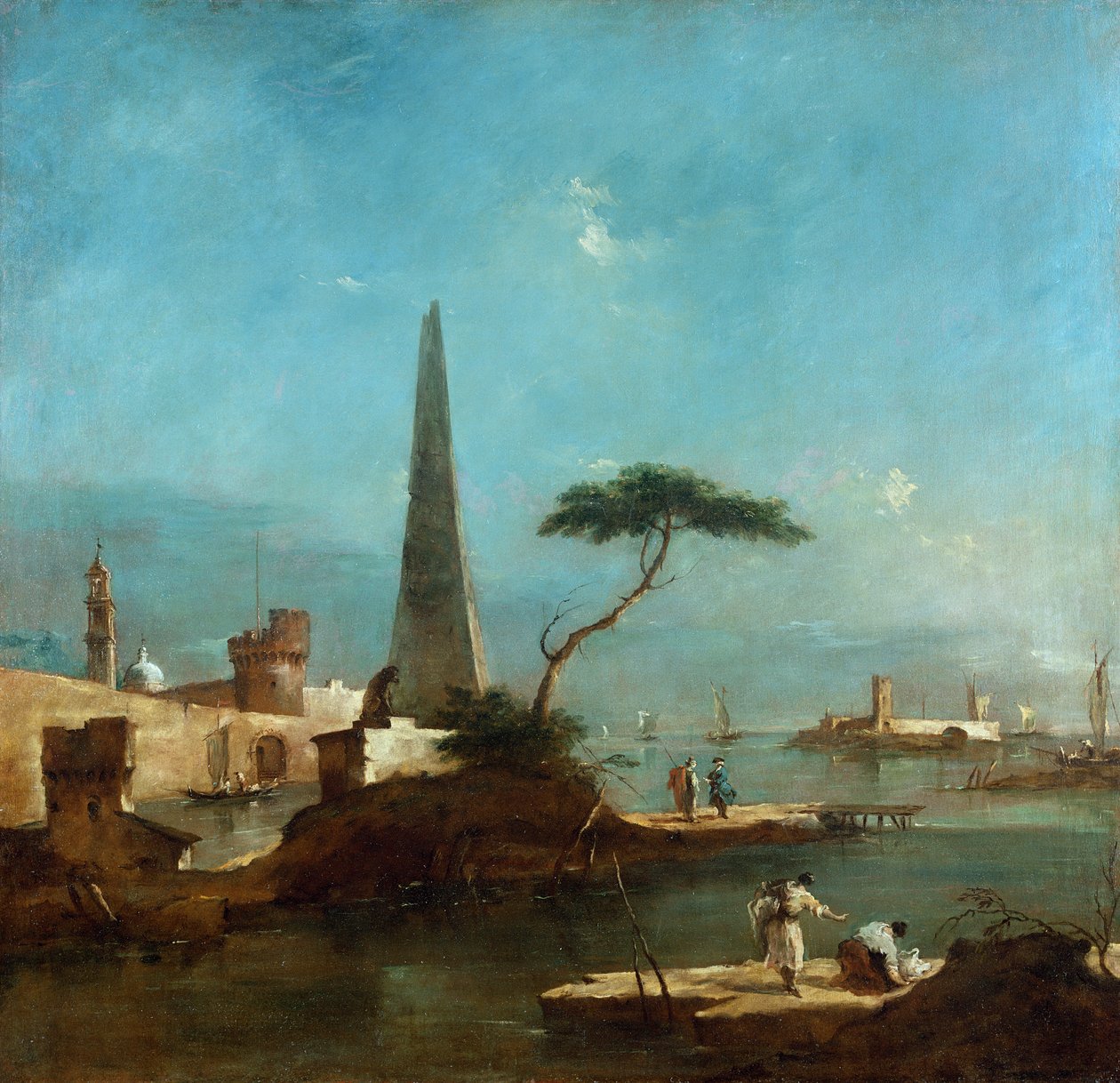 Obeliszk egy fallal körülvett kikötő bejárata mellett alkotó: Francesco Guardi