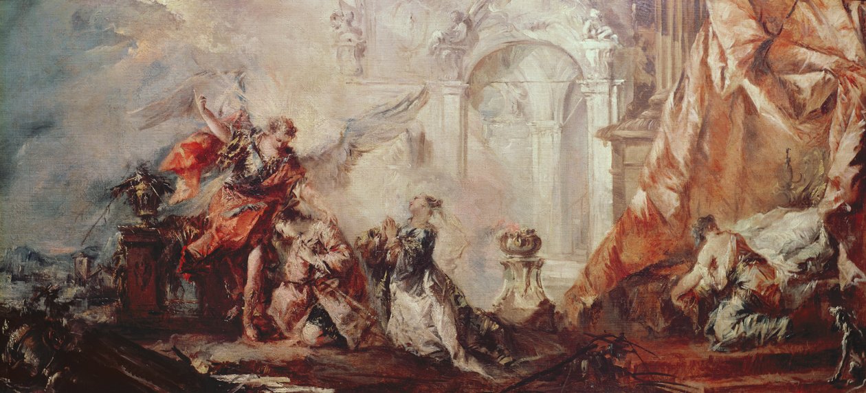 Tóbiás házassága, Sára és Tóbiás pár részlete Raphaels közvetítője előtt, hálaadás Istennek, 1750 körül olaj, vászon alkotó: Francesco Guardi