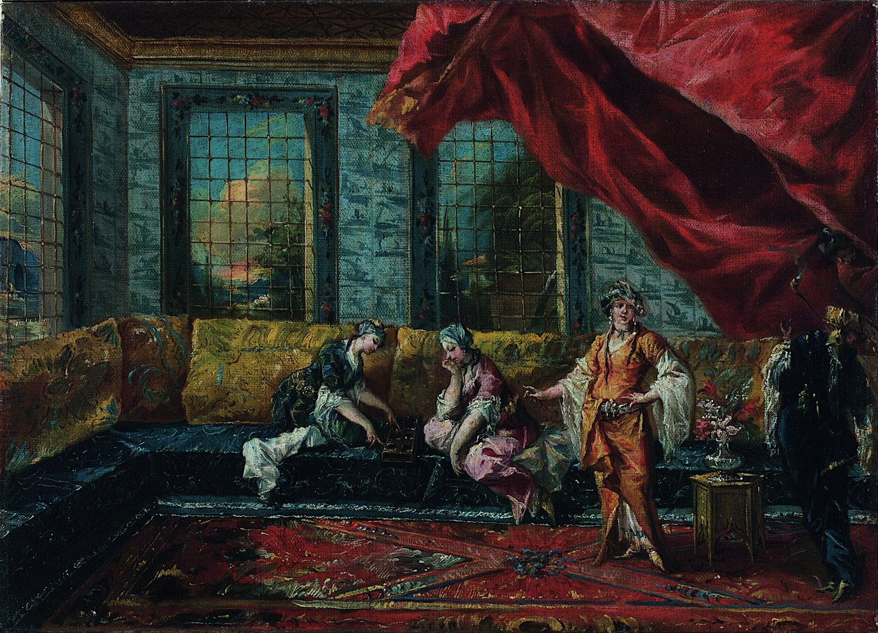 Két odaliszk mancala-játék a háremben alkotó: Francesco Guardi