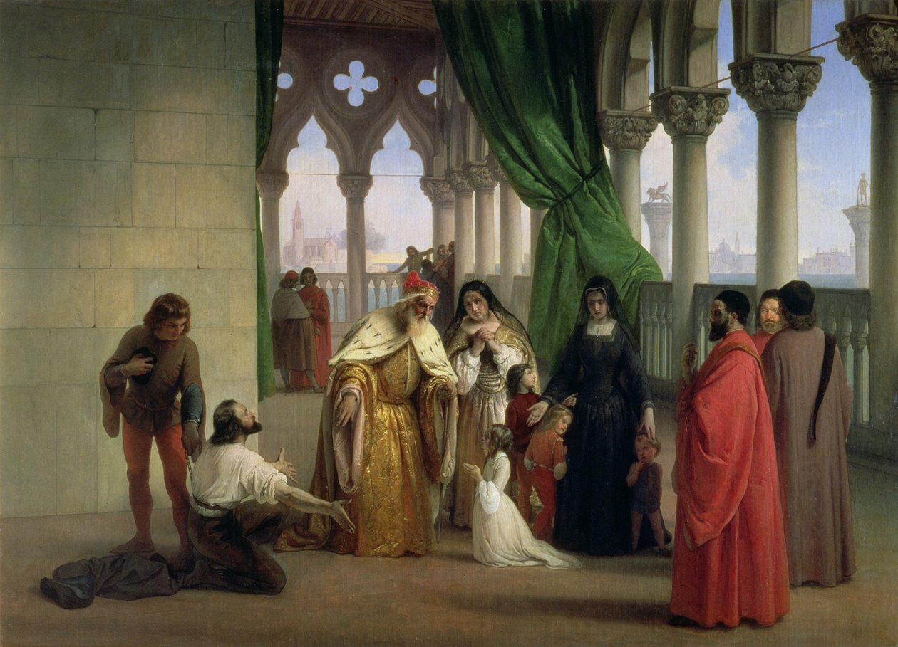 A két Foscari: Francesco Foscari, Velence dózse (1372-1457 körül) száműzi fiát, Jacopót, aki száműzetésében hazaáruló levelezés vádjával száműzi; Bryon "A két Foscari" című költői drámájának tárgya. alkotó: Francesco Hayez
