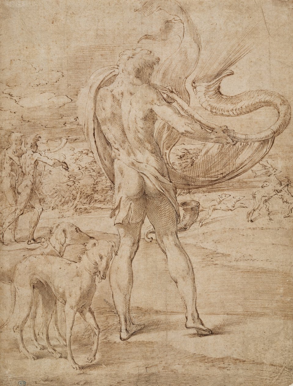 Vadászok dudálnak a kürtjével a távolban alkotó: Parmigianino