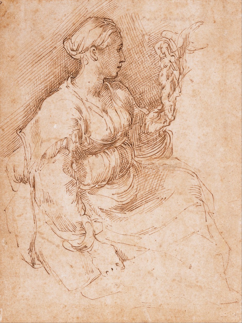 Ülő nő, kezében a győzelem szobra alkotó: Parmigianino